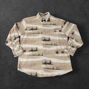 Woolrich‎ Khaki Tree Scene And Geese Button Down Shirt Mens Medium LS Chamios